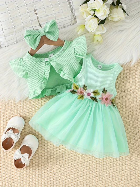 Fairy Princess - Waist Flower Vest Mesh Dress, Jacket & Hair Bow