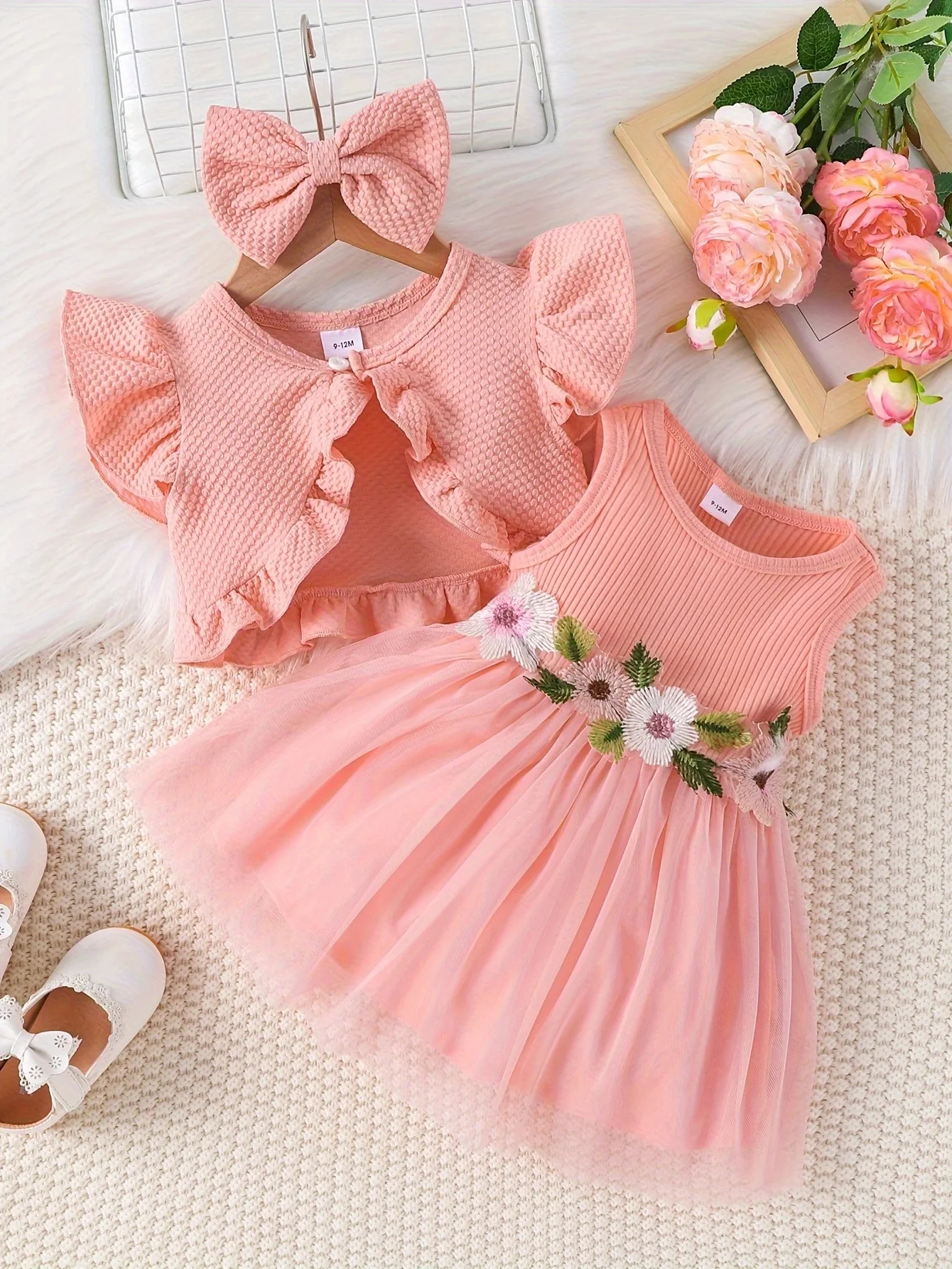 Fairy Princess - Waist Flower Vest Mesh Dress, Jacket & Hair Bow