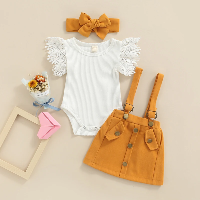 Cool Girl - Ruffled Fly Sleeve Romper, Suspender Skirt & Headband