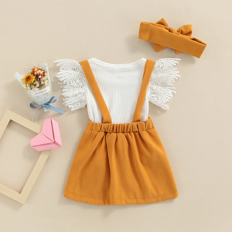 Cool Girl - Ruffled Fly Sleeve Romper, Suspender Skirt & Headband