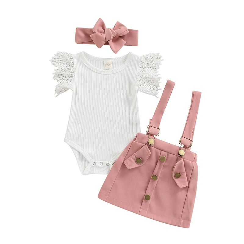 Cool Girl - Ruffled Fly Sleeve Romper, Suspender Skirt & Headband