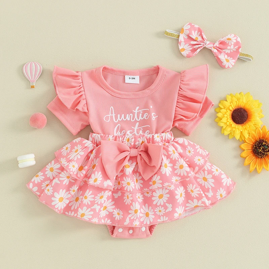 Auntie's Bestie - Fly Sleeve Romper Dress & Headband