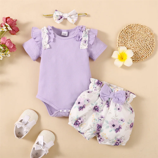 Purple Splash - Floral Romper, Shorts & Headband