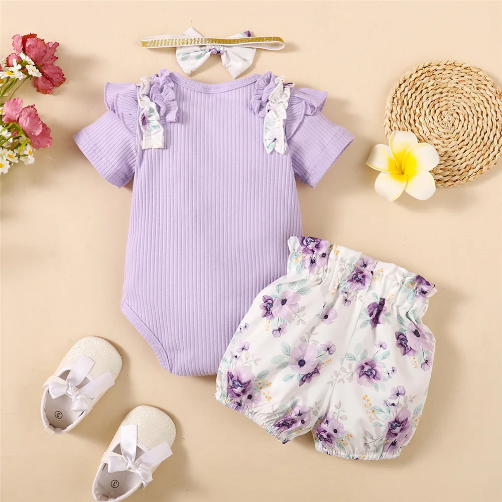 Purple Splash - Floral Romper, Shorts & Headband