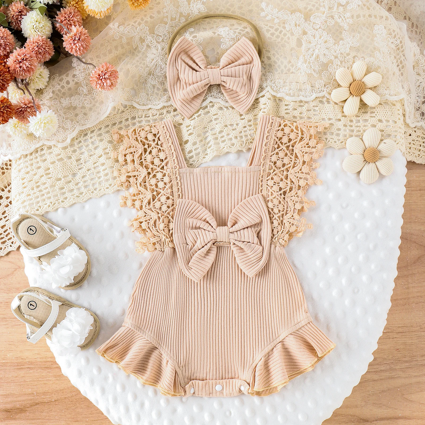 Joyful Romper - Lace Crochet Romper & Bow Headband