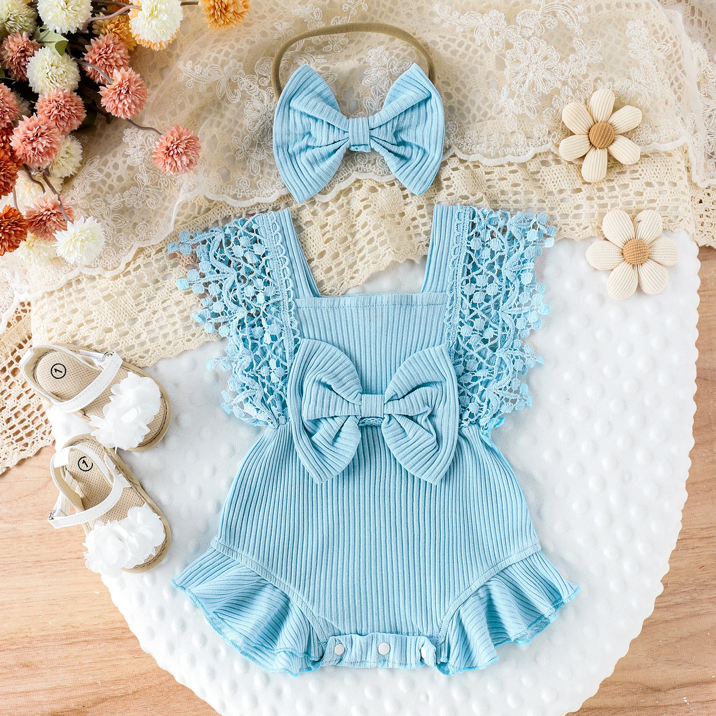 Joyful Romper - Lace Crochet Romper & Bow Headband