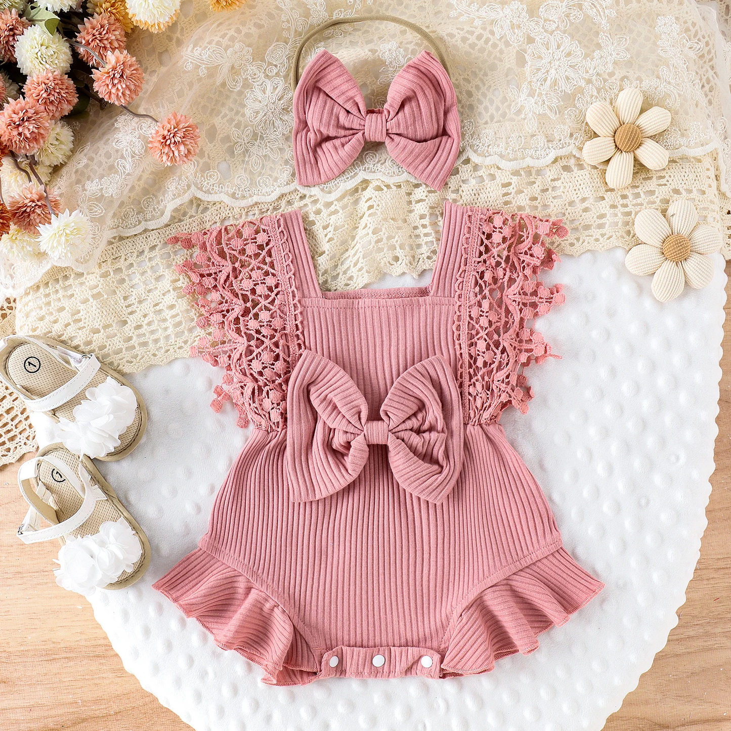 Joyful Romper - Lace Crochet Romper & Bow Headband