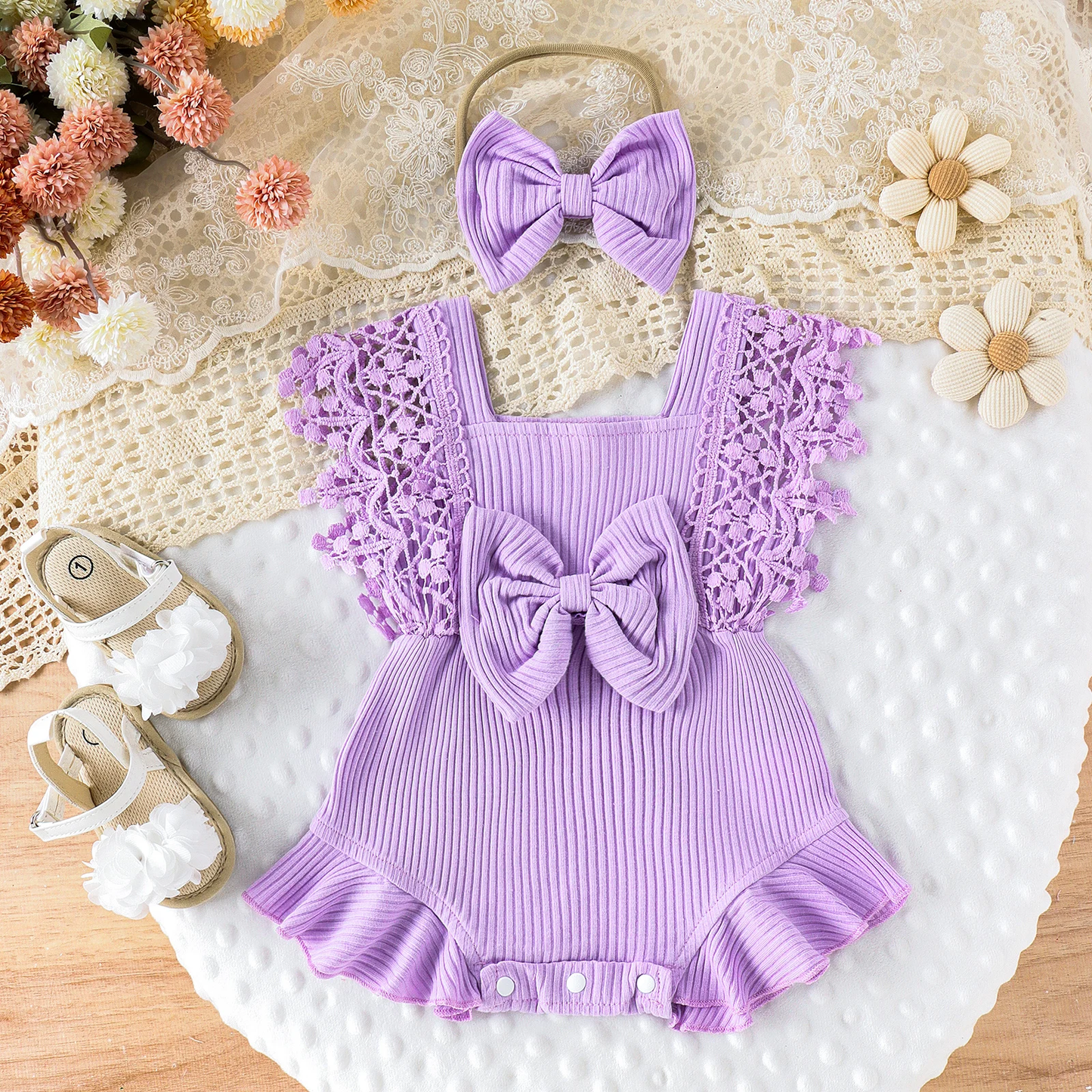 Joyful Romper - Lace Crochet Romper & Bow Headband