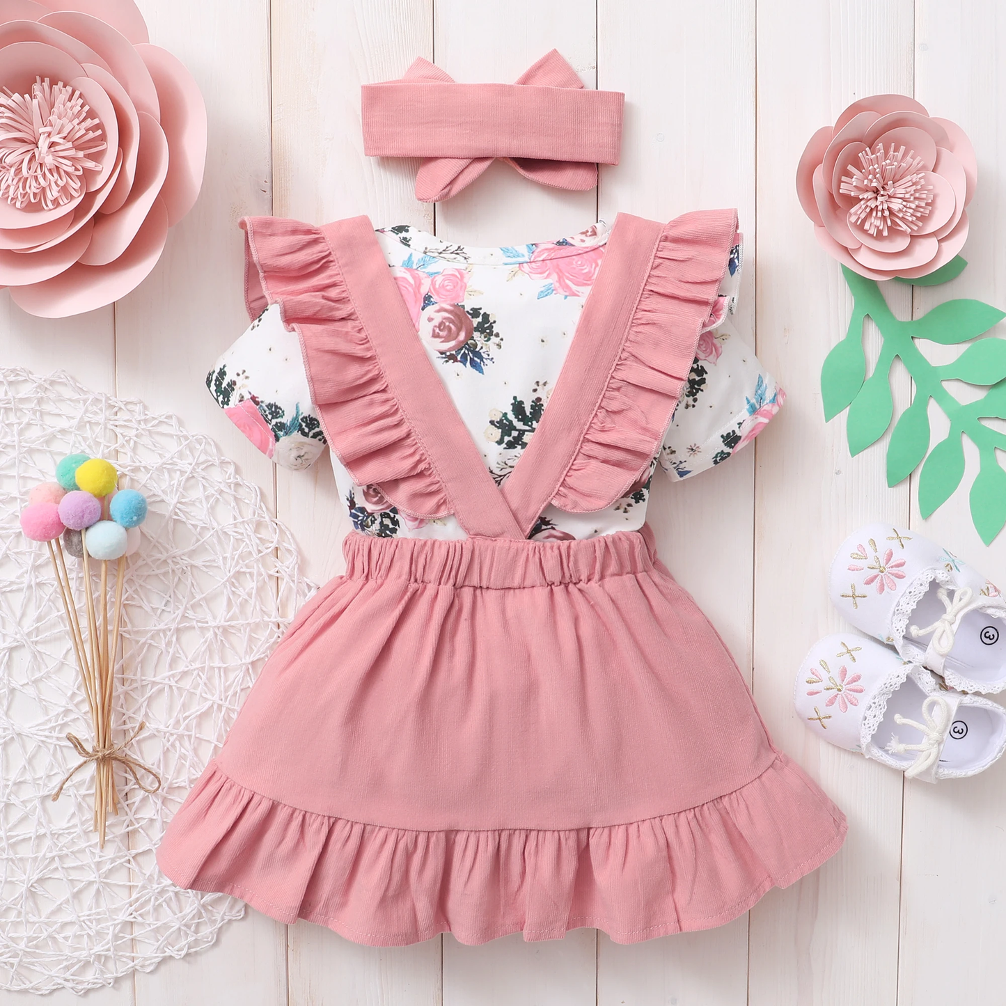 Joyful Summer - Floral Bodysuit, Suspender Skirt & Headband