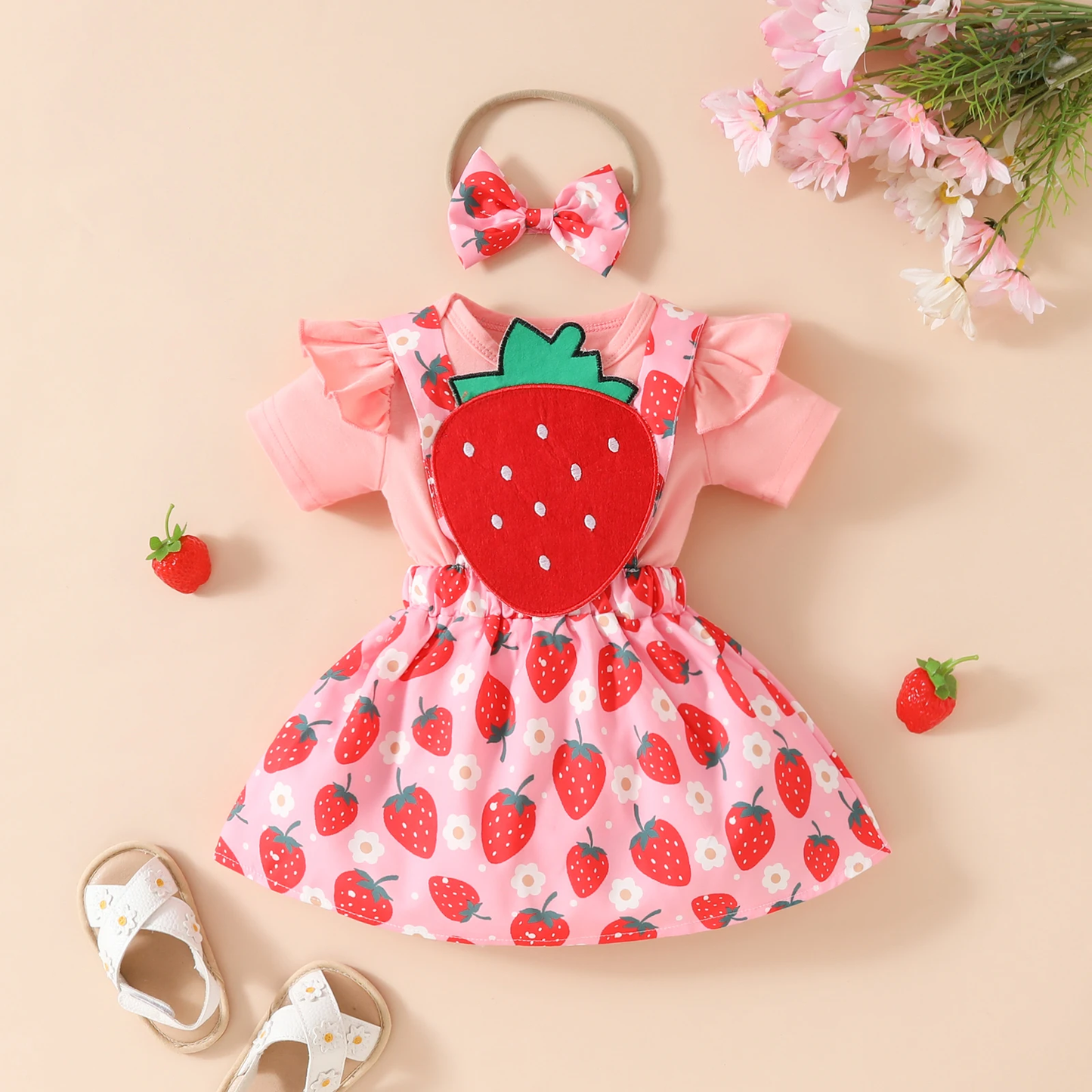 Strawberry Baby-cake - Ruffle Strawberry Dress, Onesie and Bow