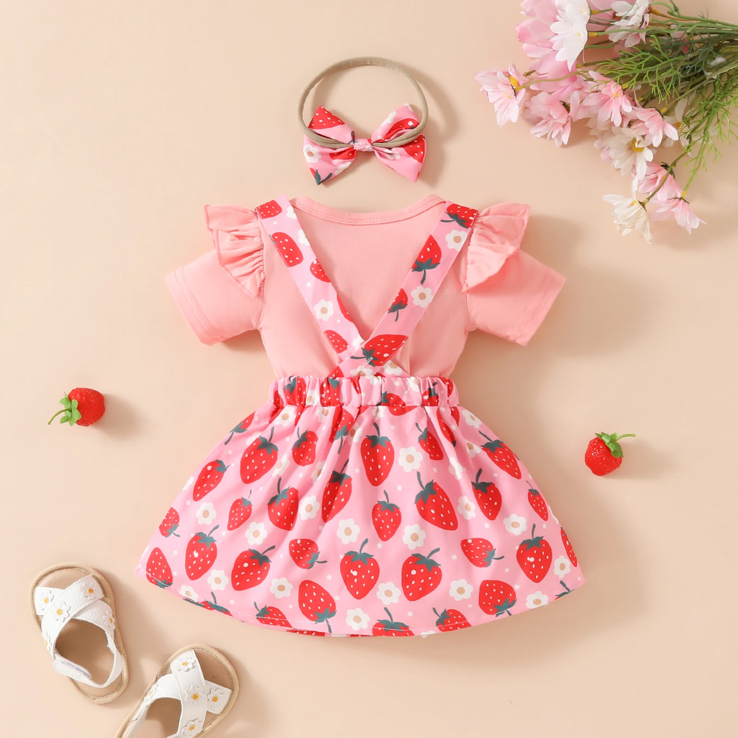 Strawberry Baby-cake - Ruffle Strawberry Dress, Onesie and Bow